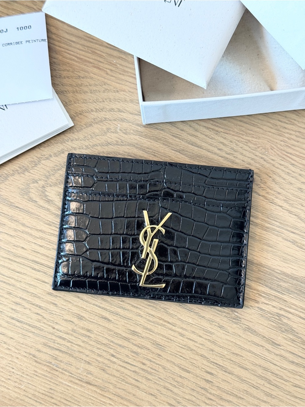 SAINT LAURENT 2025 Embellished croc-effec leather cardholder in Black